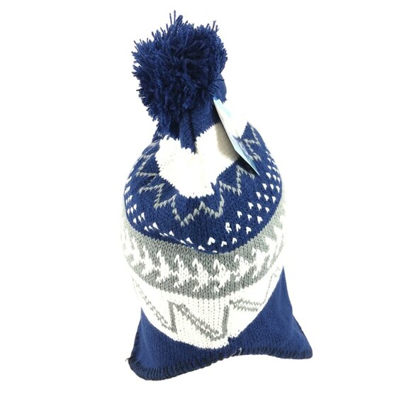 Polar Wear Kids Beanie Hat Ear Flaps Fleece Lined Striped Knit Pom Blue White OS - Picture 4 of 6